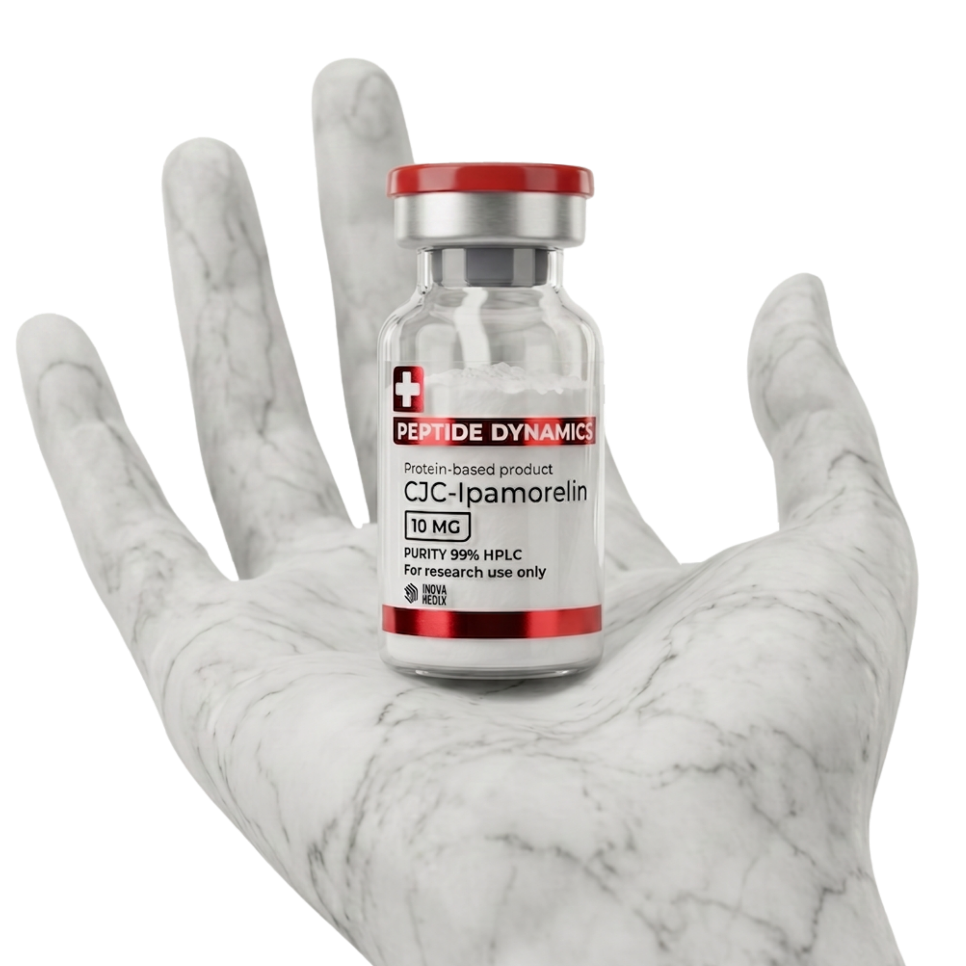 Mano sosteniendo vial de CJC-1295 Ipamorelin péptido GH liofilizado L&L